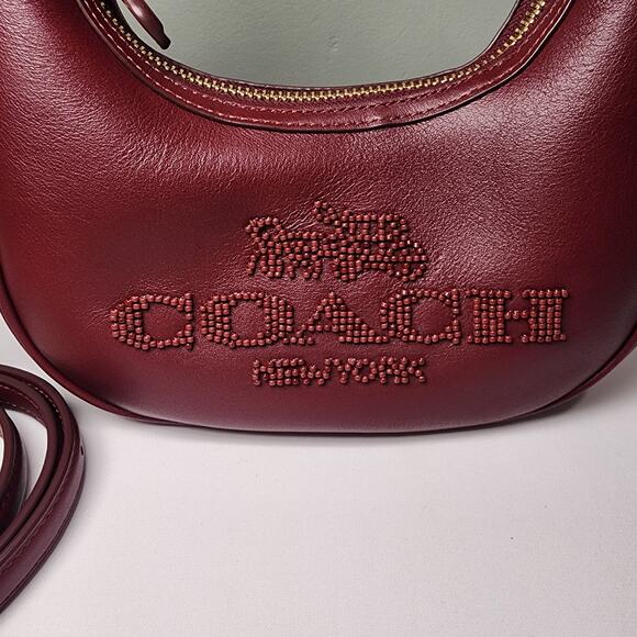 NWT Coach CCE60 Carmen Mini Crossbody Beaded Coach Graphic In DARK WINE Leather - Picture 7 of 7